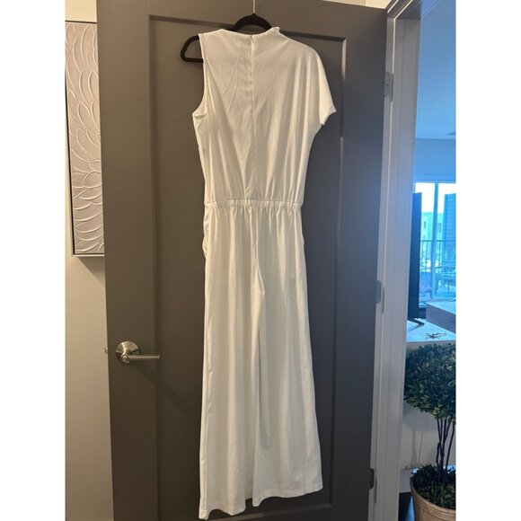 White Sleeveless High-Neck Jumpsuit With Elastic Waist & Side Pockets - Picture 6 of 7